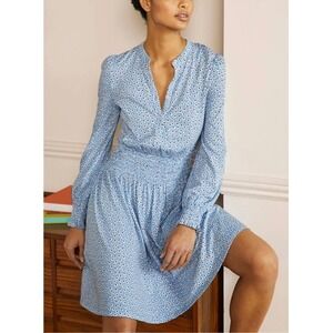 Boden Blue Heart Print Smocked Waist Jersey Dress Size 4 Cottagecore Romantic